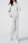 Light Grey Drop Shoulder Zip Up Jacket Drawstring Pants Active 2pcs Set