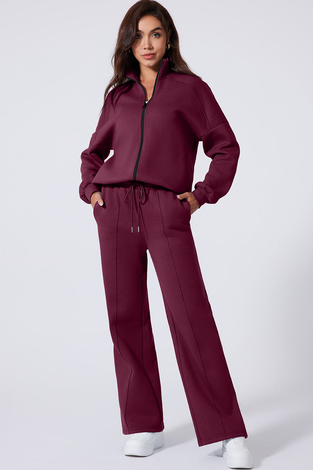 Burgundy Drop Shoulder Zip Up Jacket Drawstring Pants Active 2pcs Set