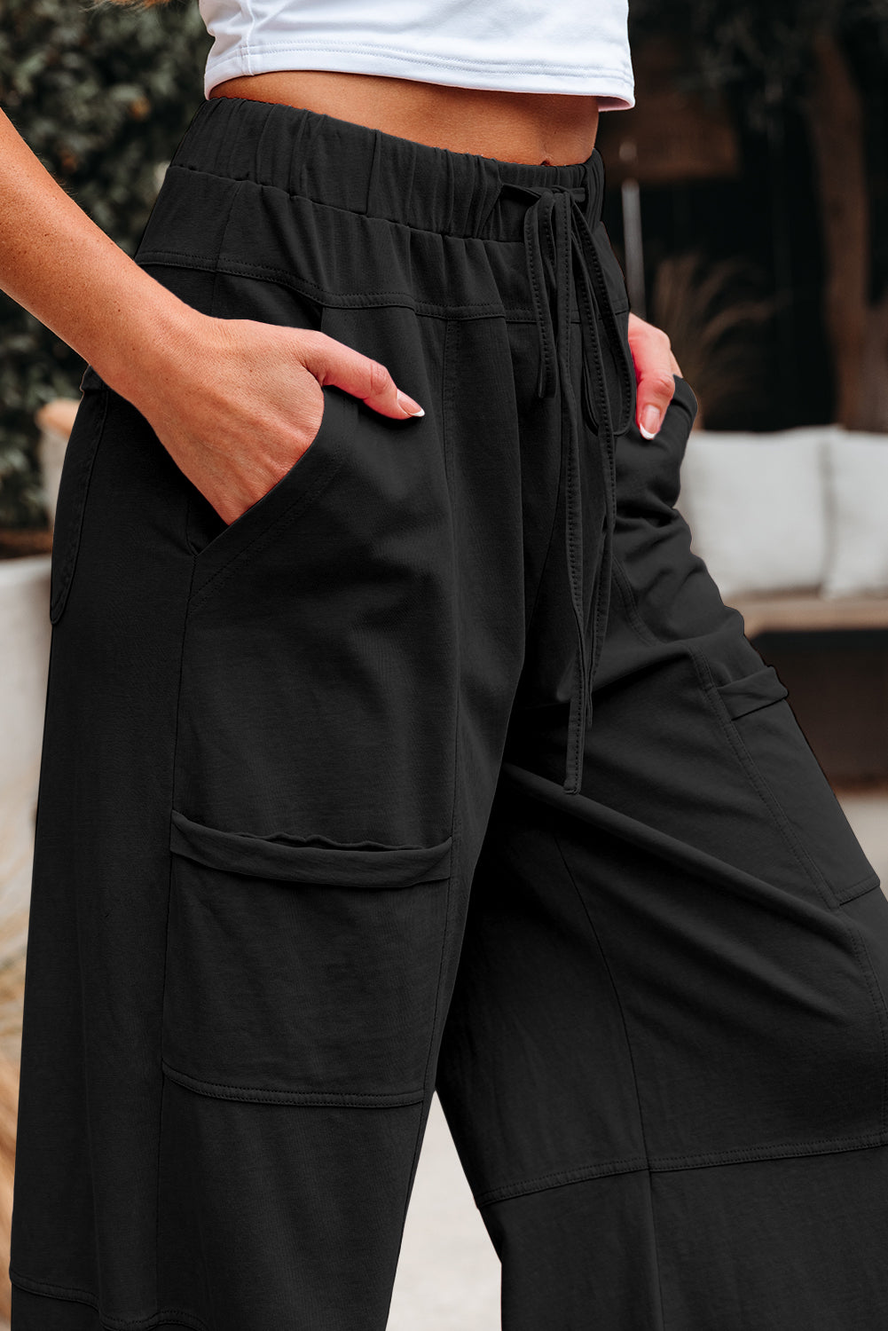 Black Mineral Wash Exposed Seam Drawstring Elastic Waistband Wide Leg Cargo Pants