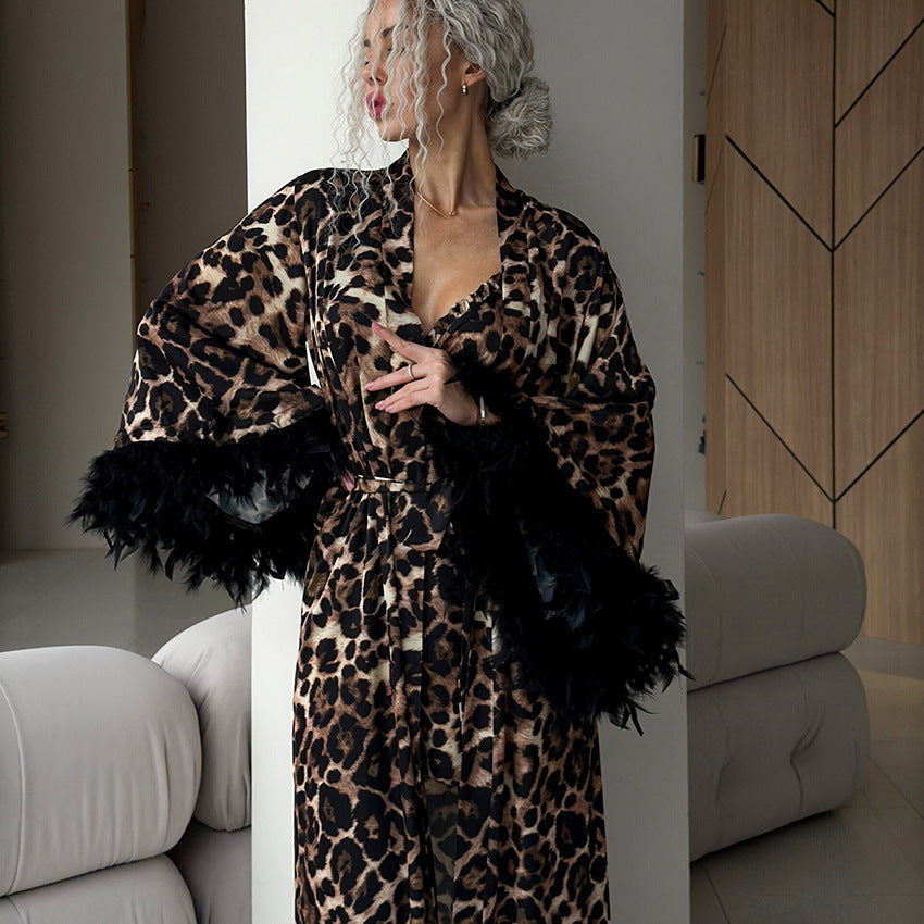 Leopard print Feathered Pajama Set